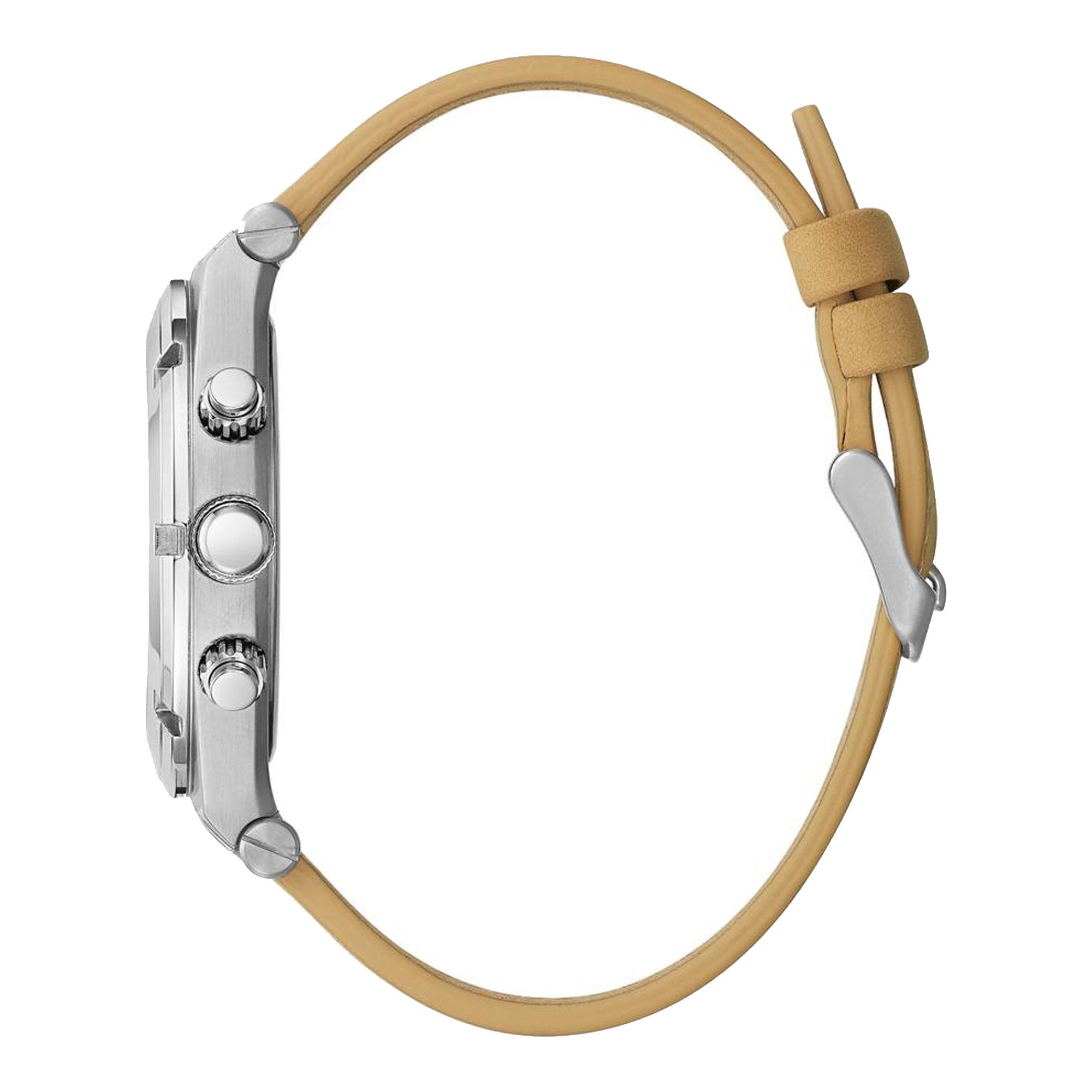 Guess watch side profile view displaying silver tone case and beige leather strap