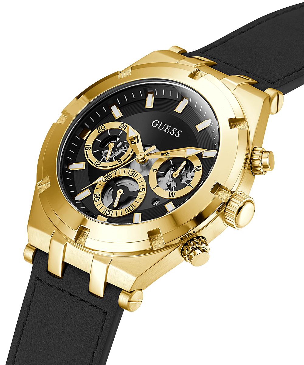 Guess GW0262G2 angled view showing gold case, three subdials, and black leather strap