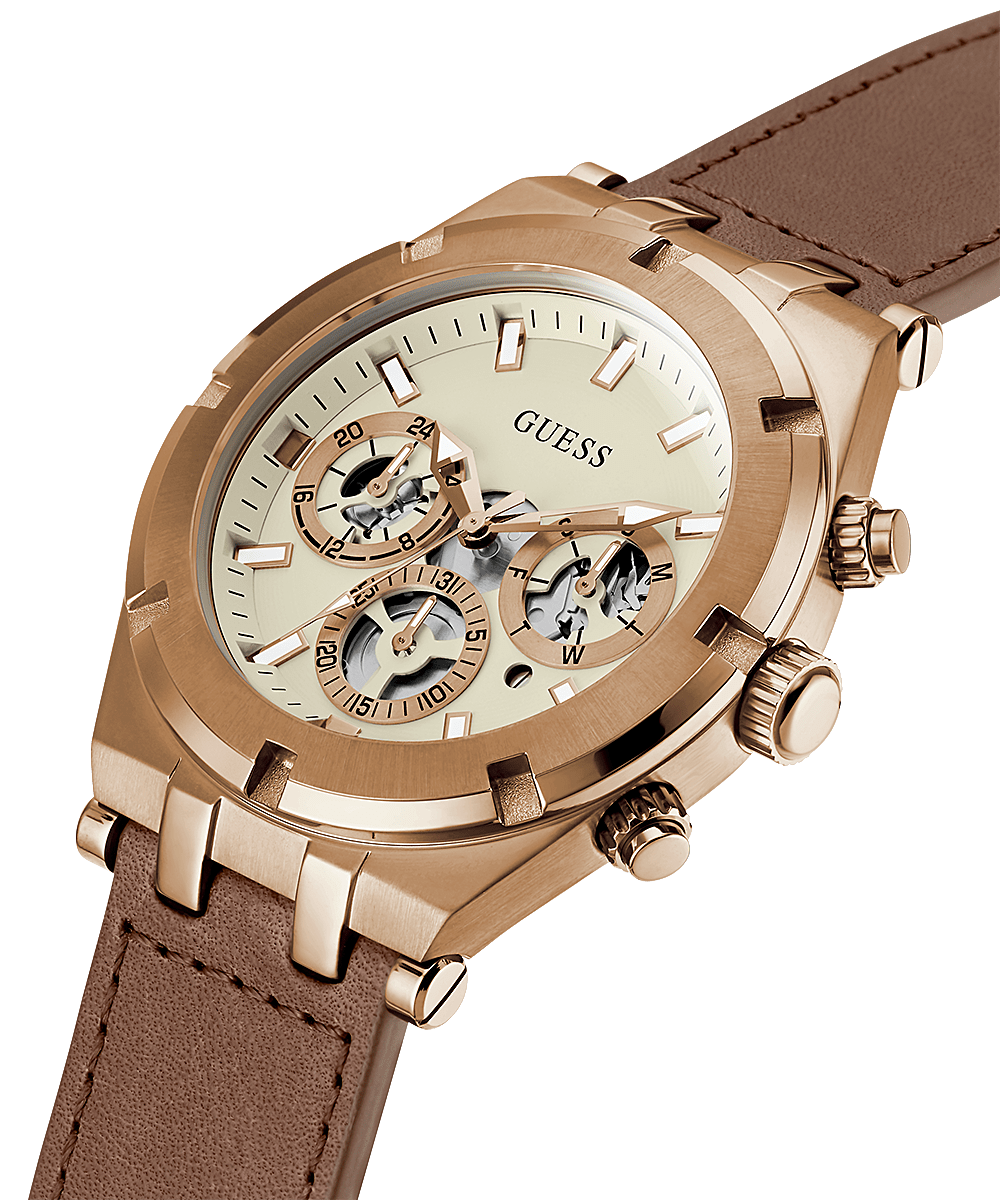 Guess GW0262G3 chronograph watch shown at angle with rose gold case and visible subdials