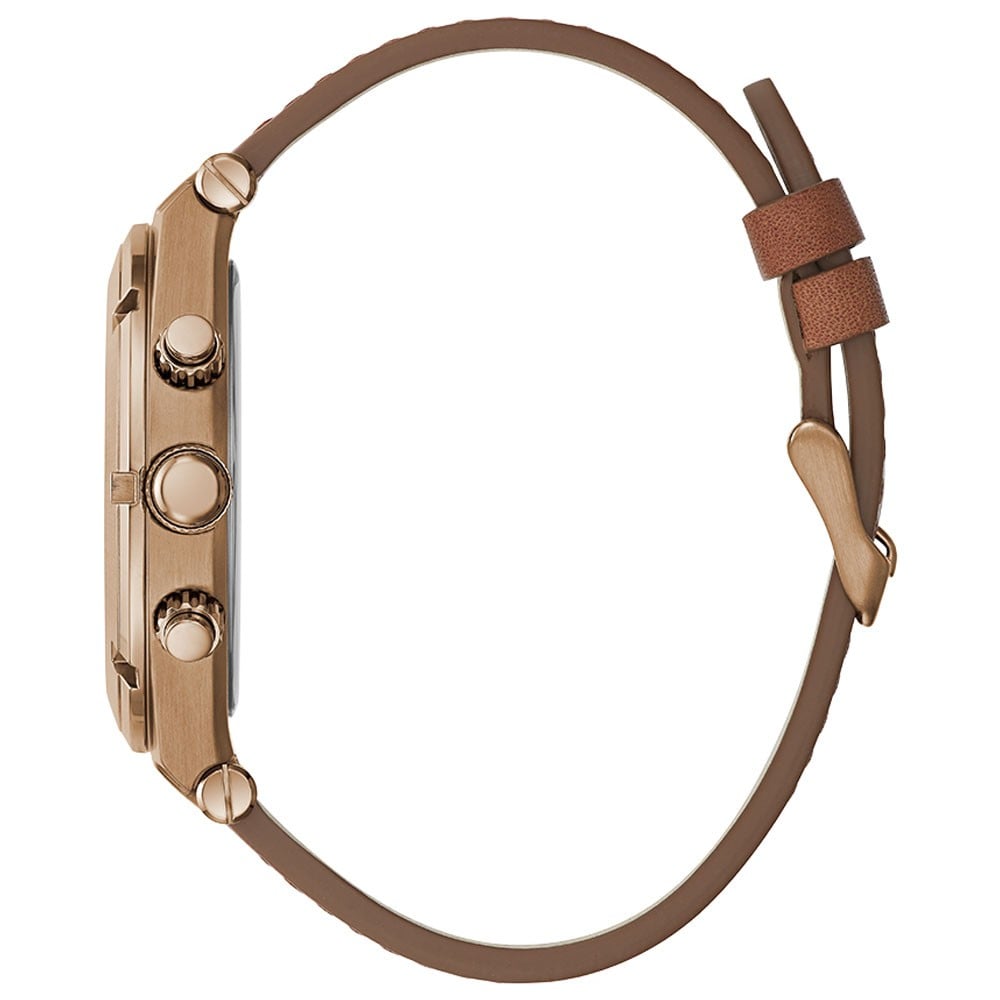 Guess GW0262G3 watch shown from side profile displaying rose gold case and coffee leather strap