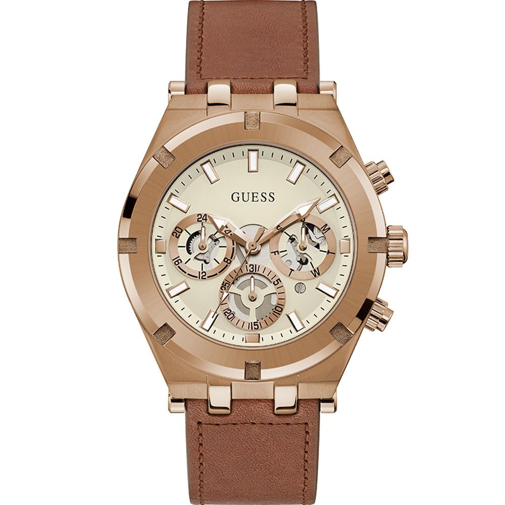 Guess GW0262G3 rose gold chronograph watch with cream dial and coffee leather strap