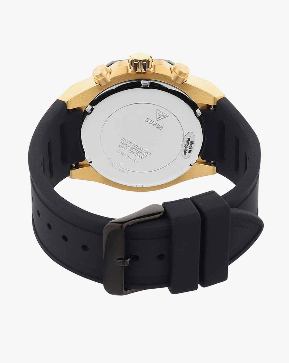 Caseback of Guess GW0263G1 watch showing white dial and black silicone band with clasp