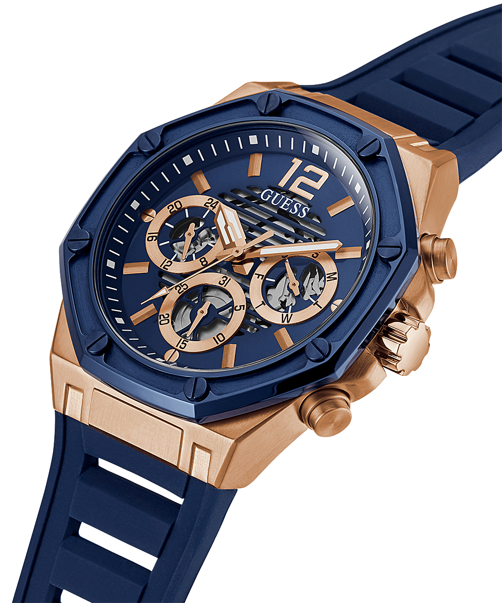Three-quarter view of Guess GW0263G2 chronograph with skeleton dial subdials and blue strap