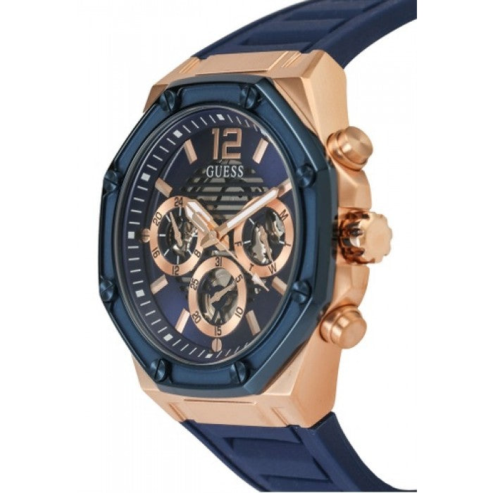 Side angle view of Guess GW0263G2 watch showing rose gold-tone case and blue silicone strap