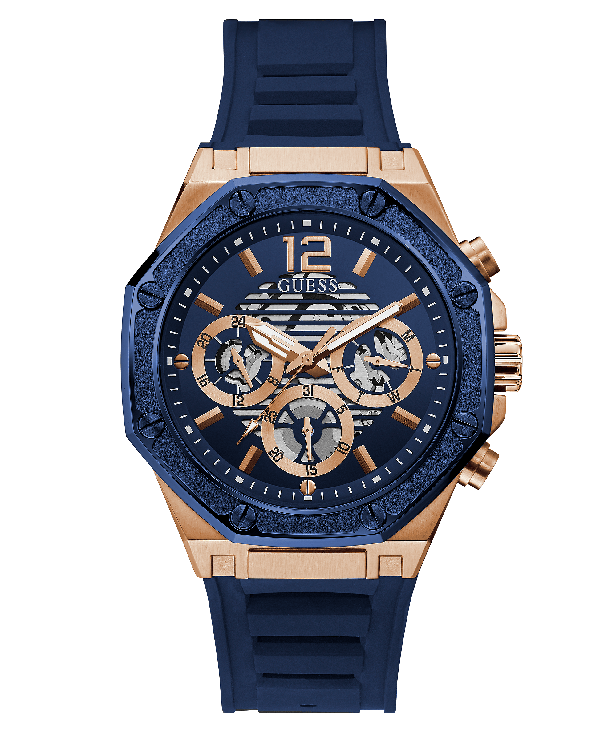 Guess GW0263G2 men's watch with blue dial, rose gold case, skeleton chronograph subdials, and blue silicone strap
