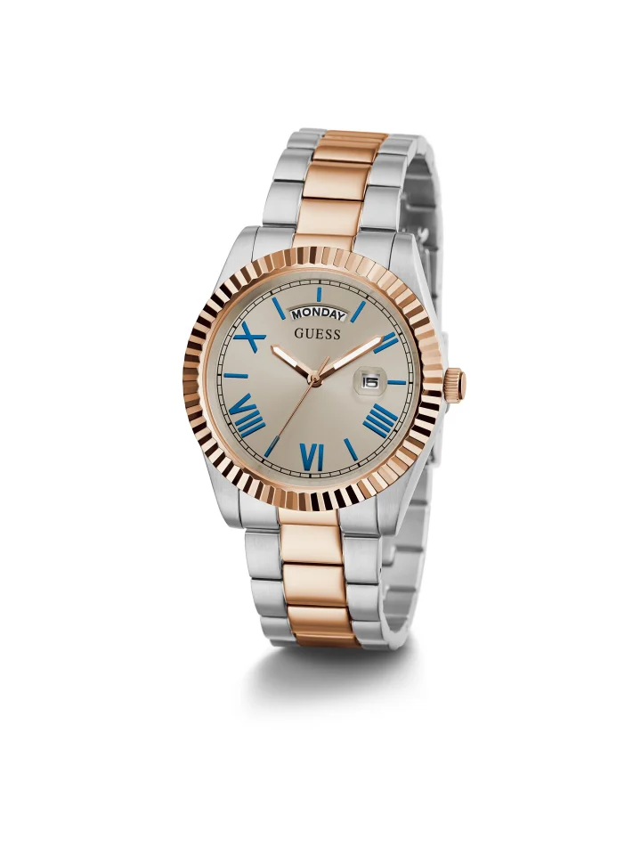 GUESS GW0265G13 two-tone watch at angle showing fluted rose gold bezel and bicolor metal bracelet