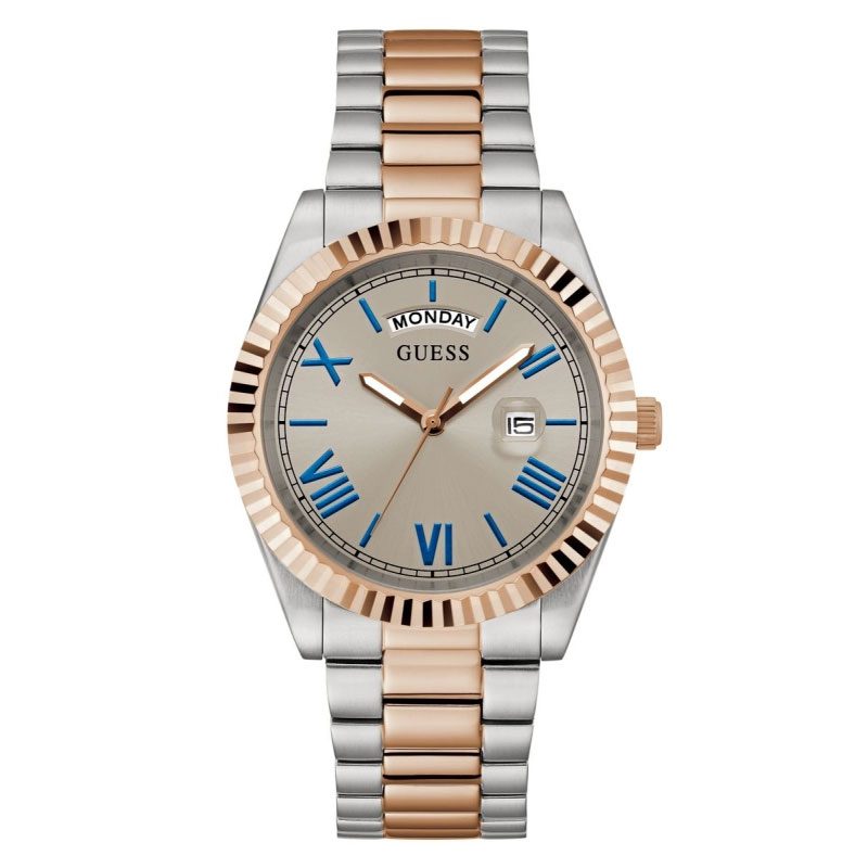 GUESS two-tone mens watch with silver and rose gold bracelet, blue Roman numerals on silver dial, day/date window