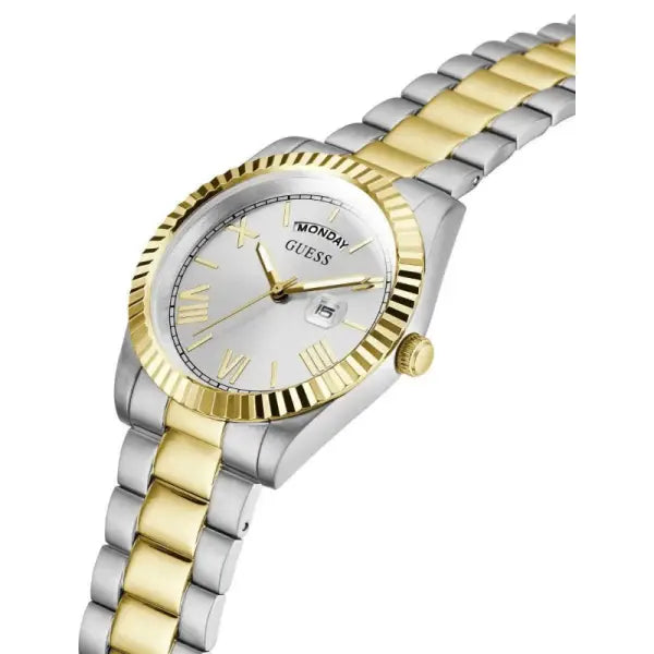 Angled view of Guess GW0265G17 watch showing two-tone bracelet with alternating gold and silver links