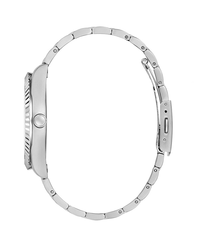 Side view of Guess men's watch showing silver-tone stainless steel bracelet and case