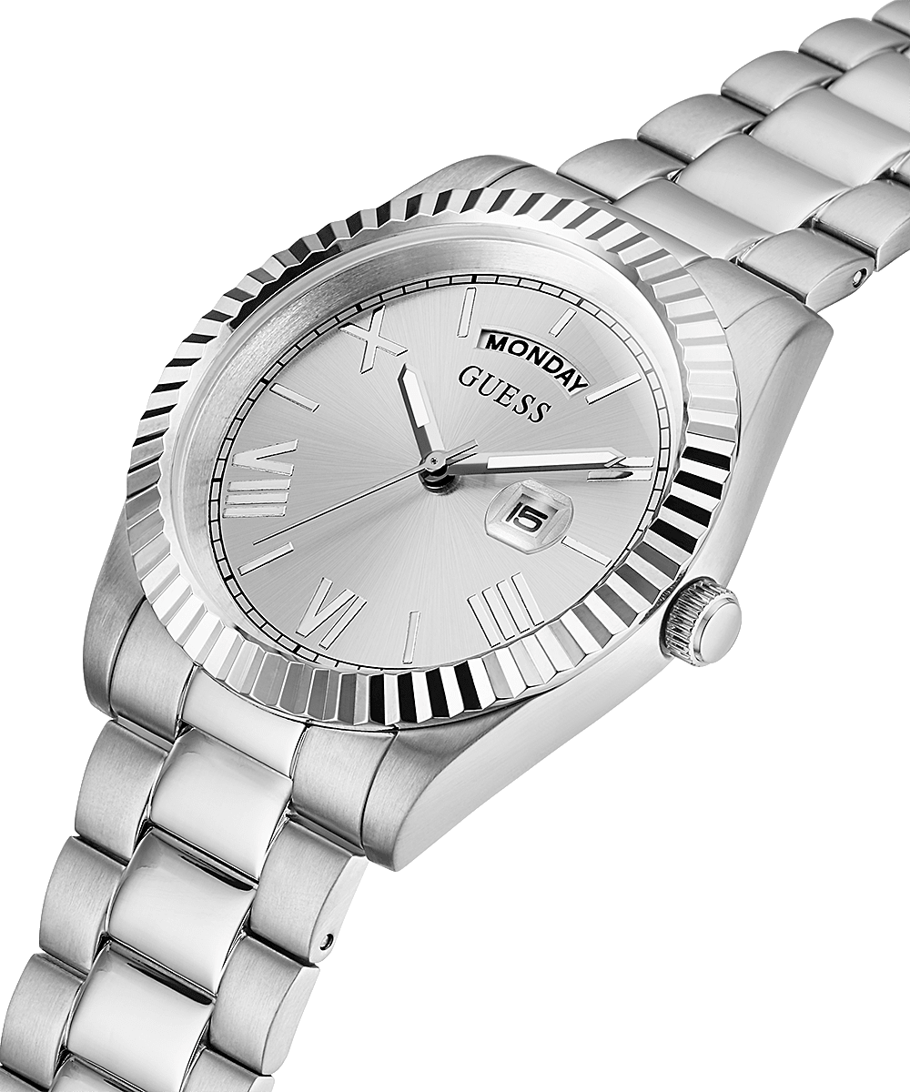 Guess men's watch at angle showing silver-tone bracelet and fluted bezel detail