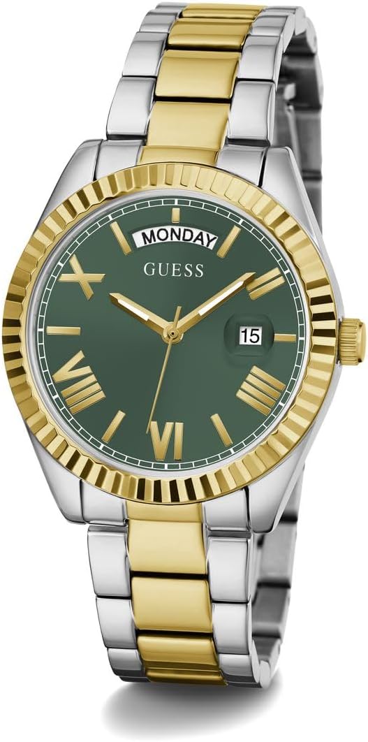 GUESS GW0308L5 on wrist showing 2-tone watch with green dial and day/date display