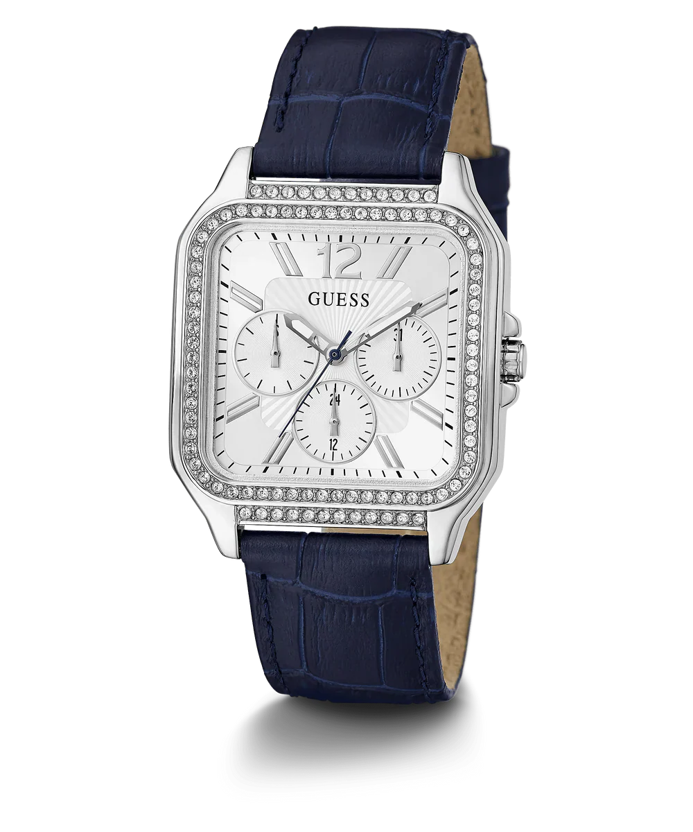 GUESS blue leather women's watch side profile with silver case, white dial and croc-embossed leather strap