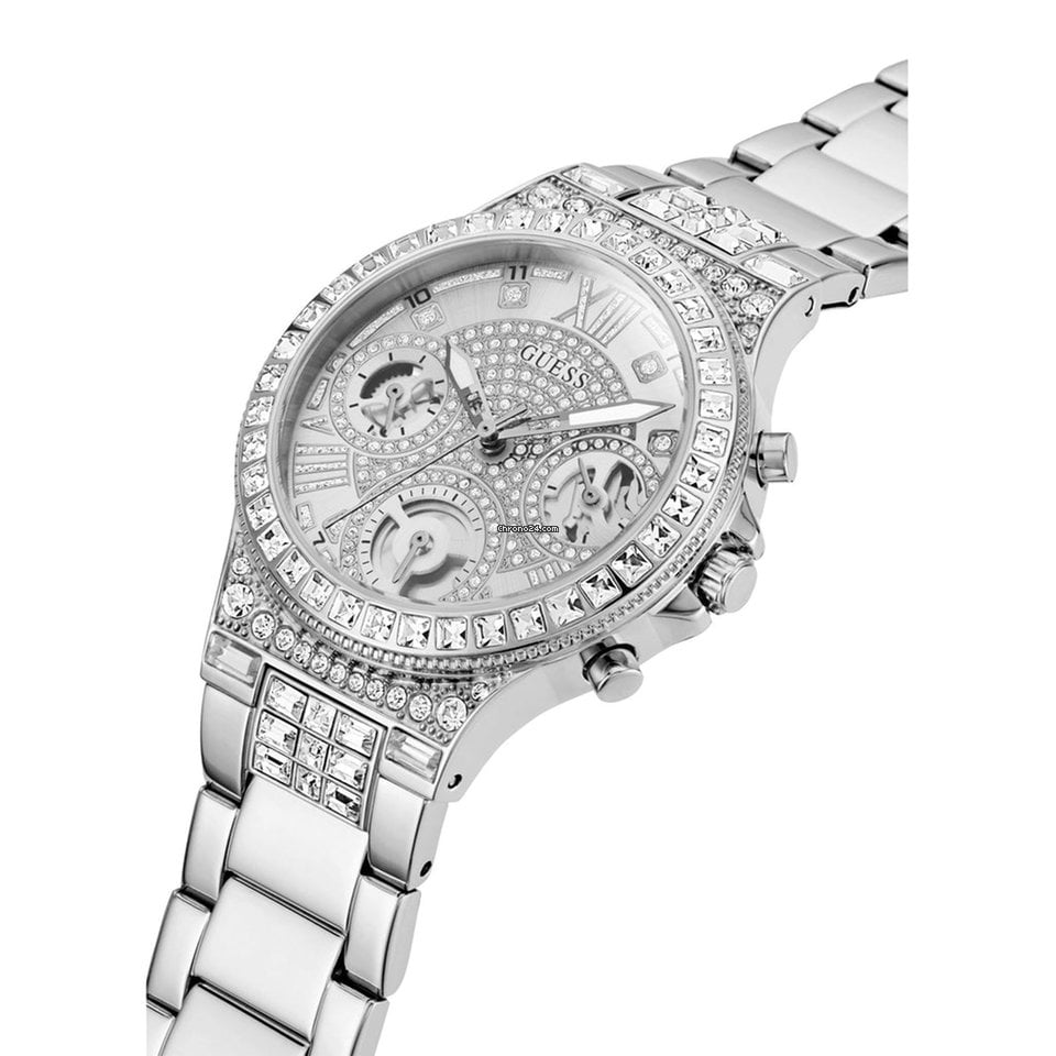 Guess GW0320L1 side view showing silver tone bracelet and multifunction dial detail