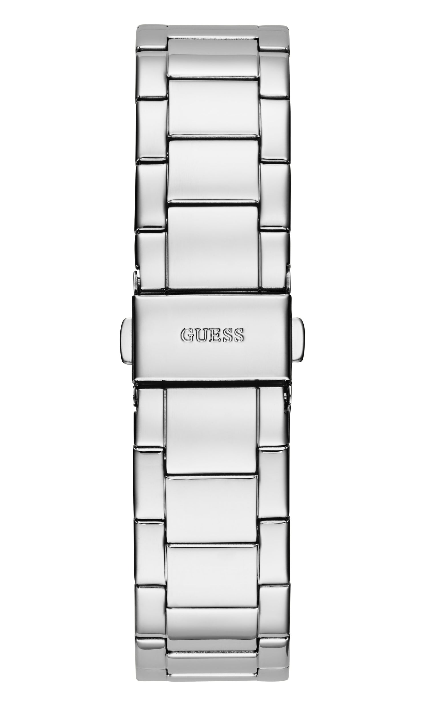 Silver tone stainless steel link bracelet with GUESS branding and clasp