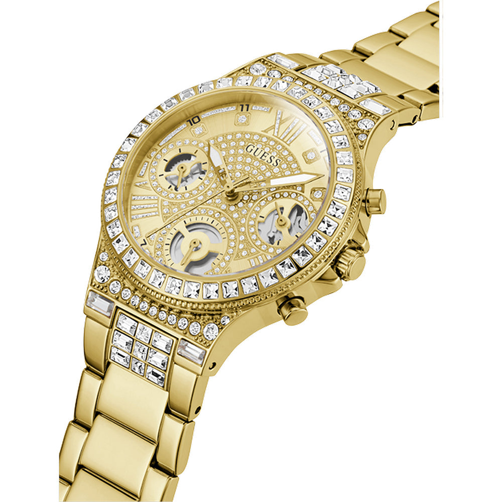 Angled view of Guess gold watch showing chronograph subdials and diamond-set bezel