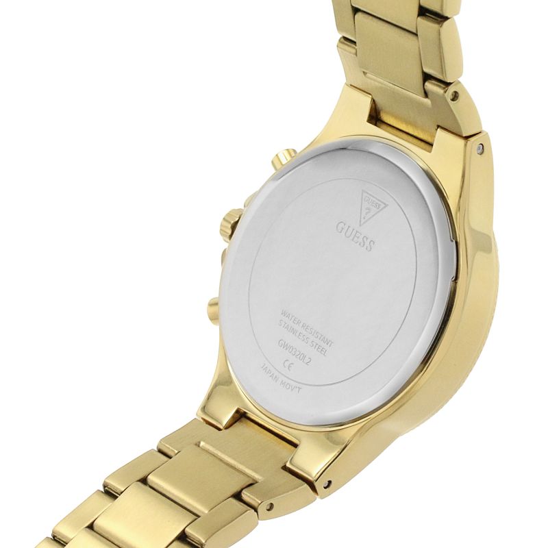 Case back of Guess gold watch showing engraved Guess logo and bracelet