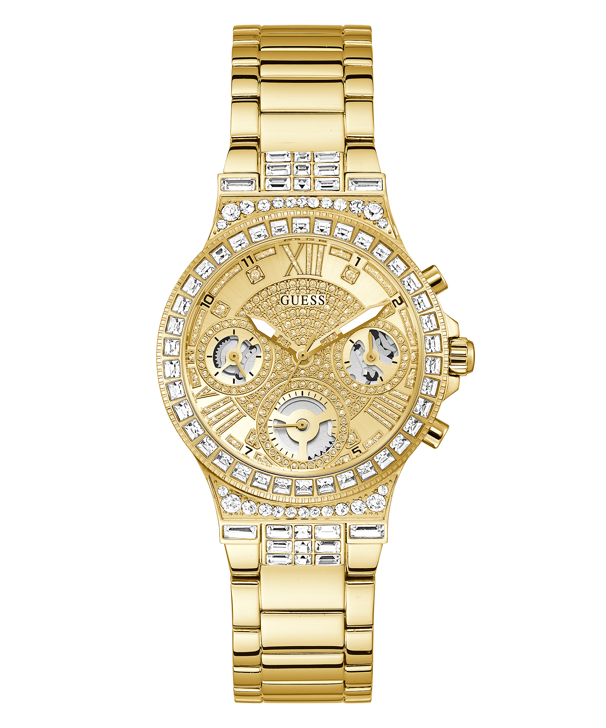 Guess Gold Glitz Dial Women's Watch with crystal-embellished bezel and gold-tone bracelet