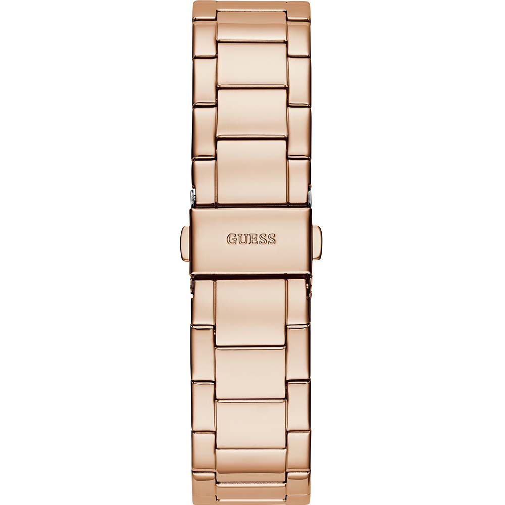 Rose gold link bracelet with Guess branding and fold-over clasp