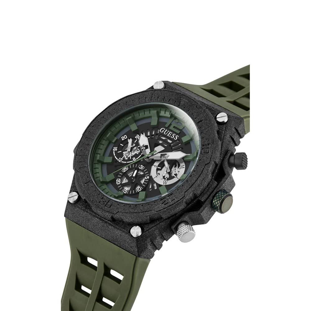 Guess GW0325G2 angled view of skeleton dial with dual subdials and olive green strap