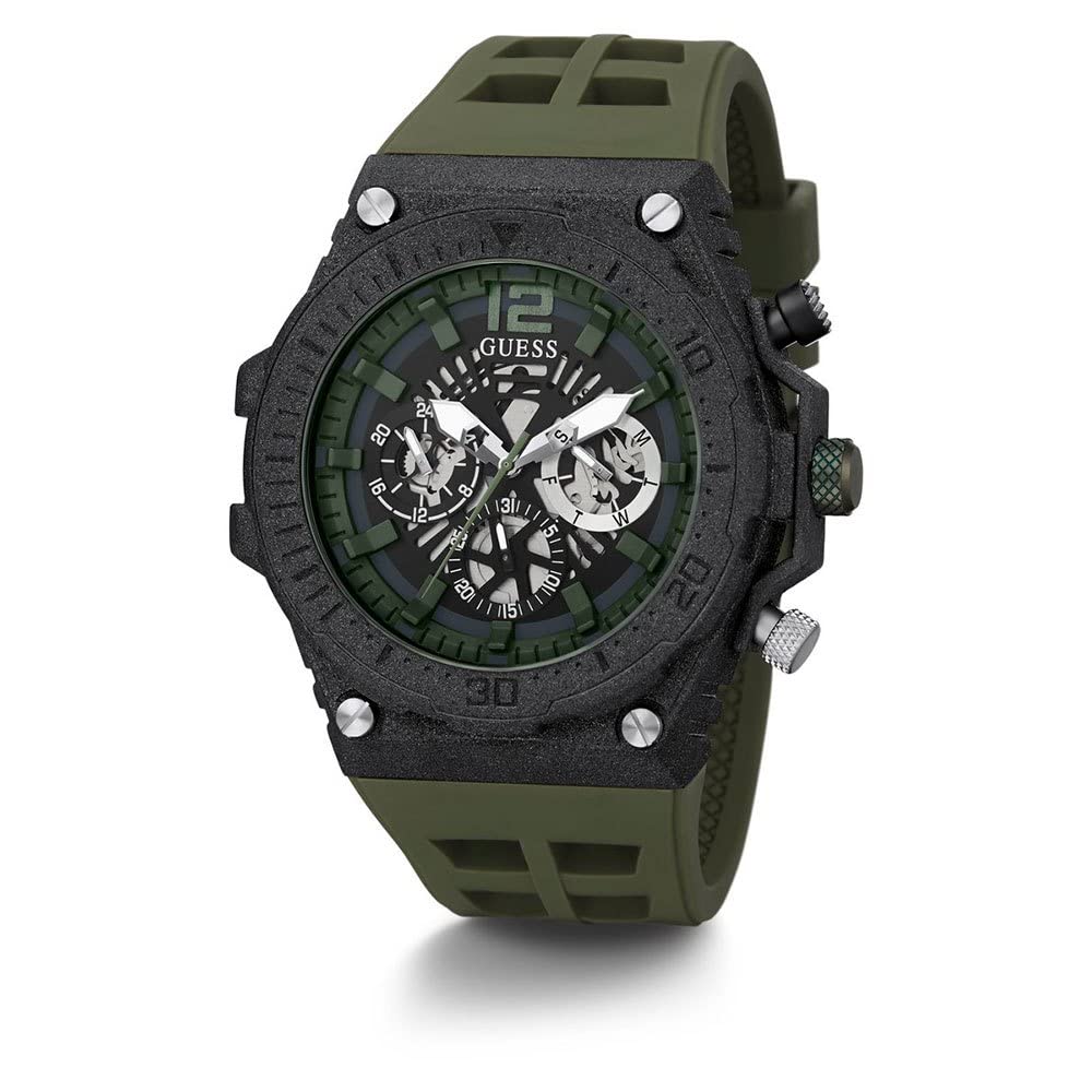 Guess GW0325G2 multi-function chronograph watch with visible skeleton movement and green accents