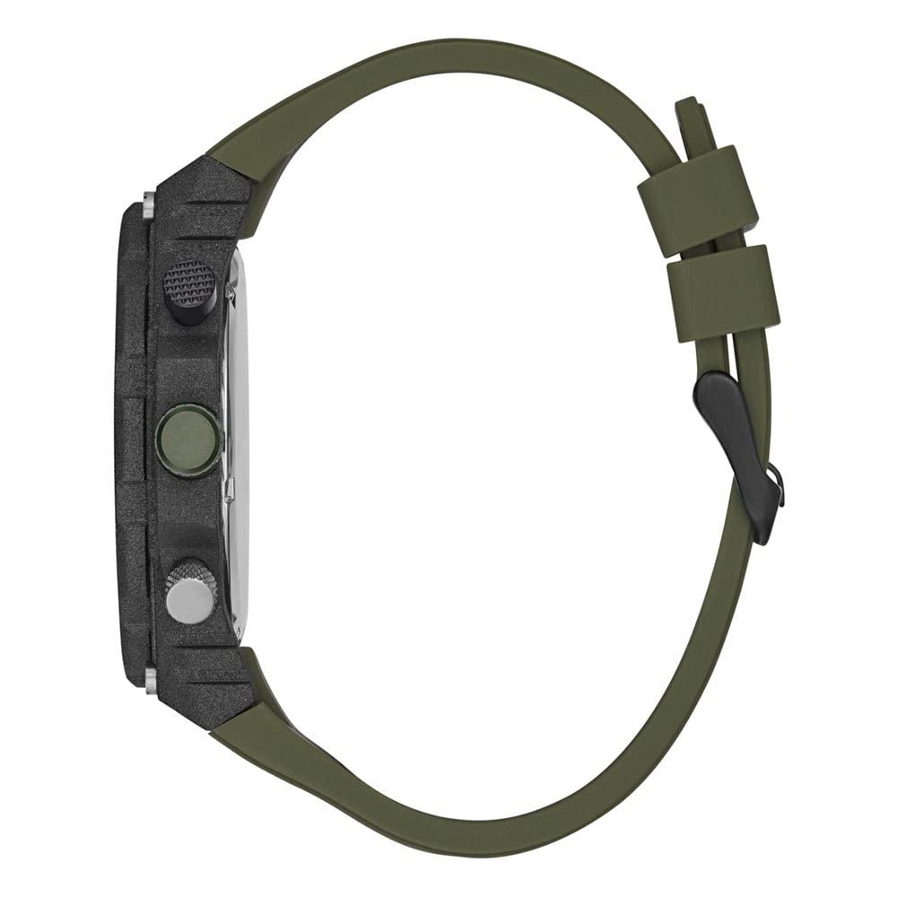 Guess GW0325G2 watch side view showing black chronograph case and olive green strap