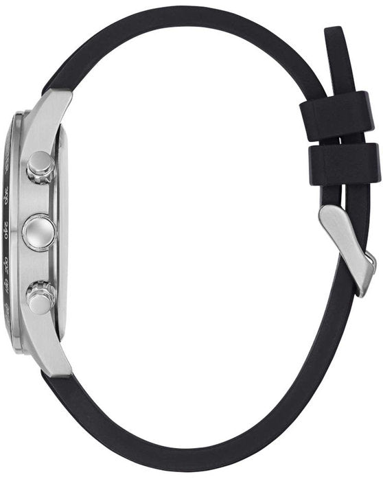 Side profile of Guess men's watch displaying silver tone case, chronograph pushers, and black silicone strap