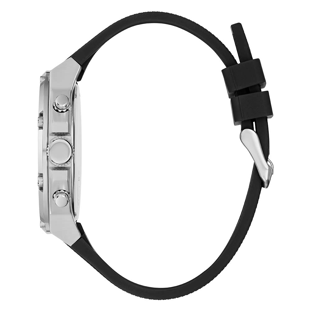 Side profile of Guess watch showing silver case, pushers, and black silicone strap