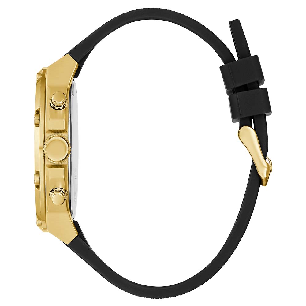 Guess men's watch side profile showing gold case and black silicone strap