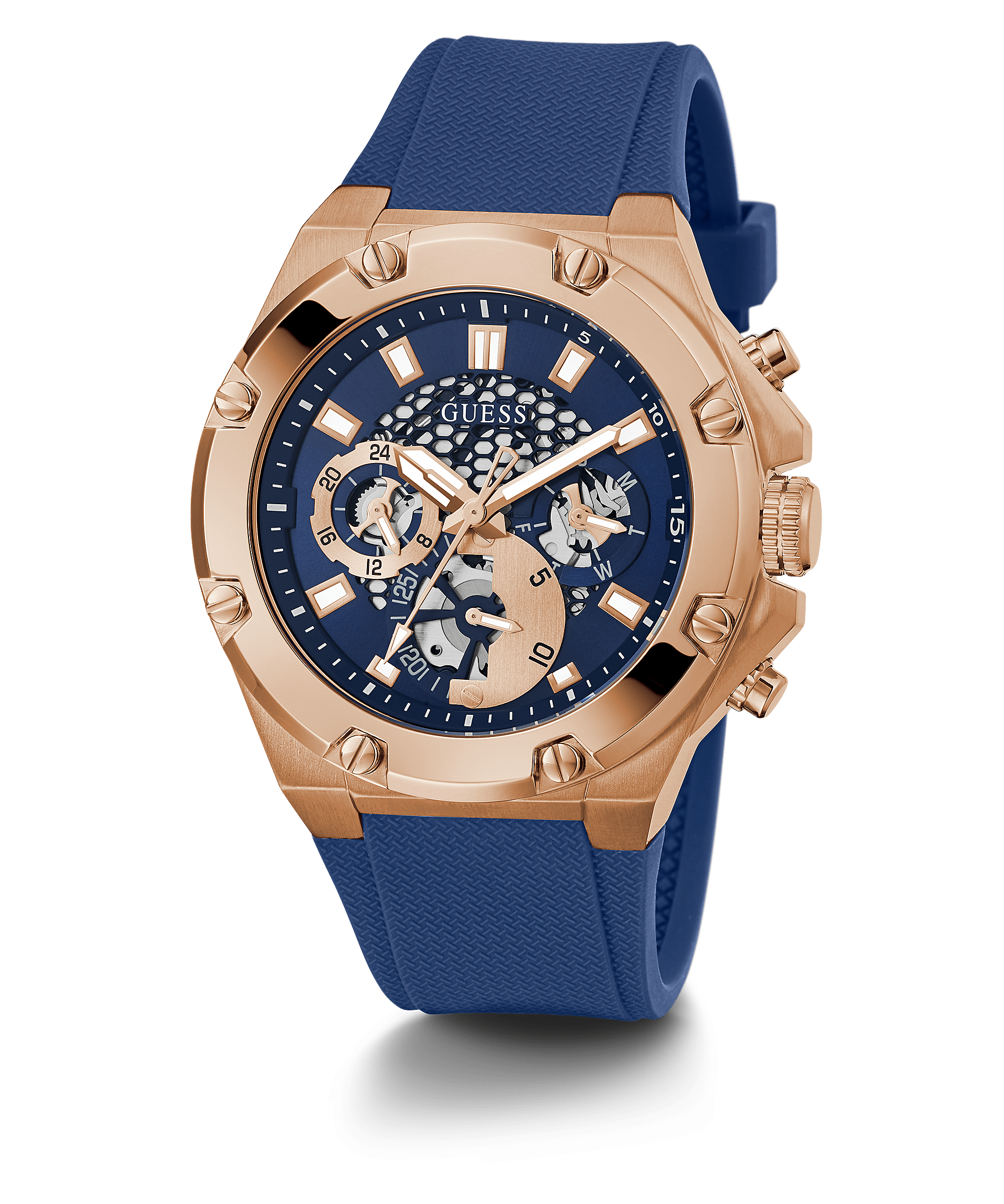 Guess rose gold tone case watch with blue skeleton dial and blue silicone strap