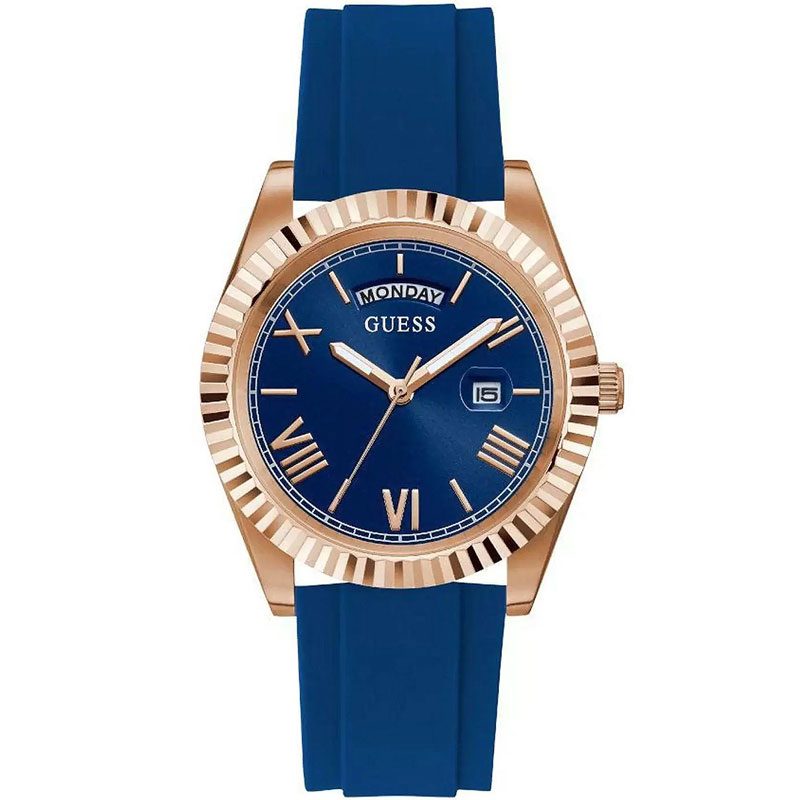 Guess GW0335G2 quartz watch with blue dial, rose gold bezel, and blue silicone strap