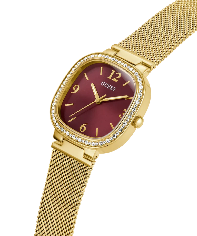 GUESS GW0354L4 gold watch on angle showing burgundy dial and gold mesh band