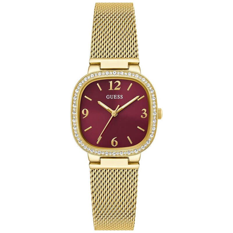 GUESS gold ladies watch with burgundy dial, crystal bezel, gold mesh bracelet