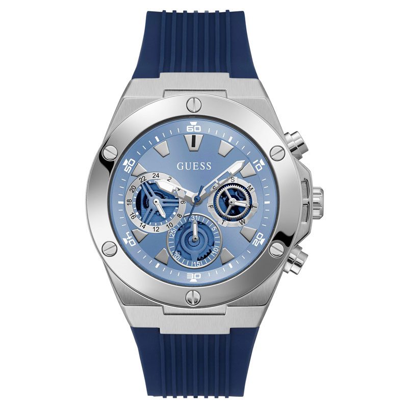 Guess GW0417G1 men's watch with ice blue chronograph dial, silver steel case, and blue silicone strap