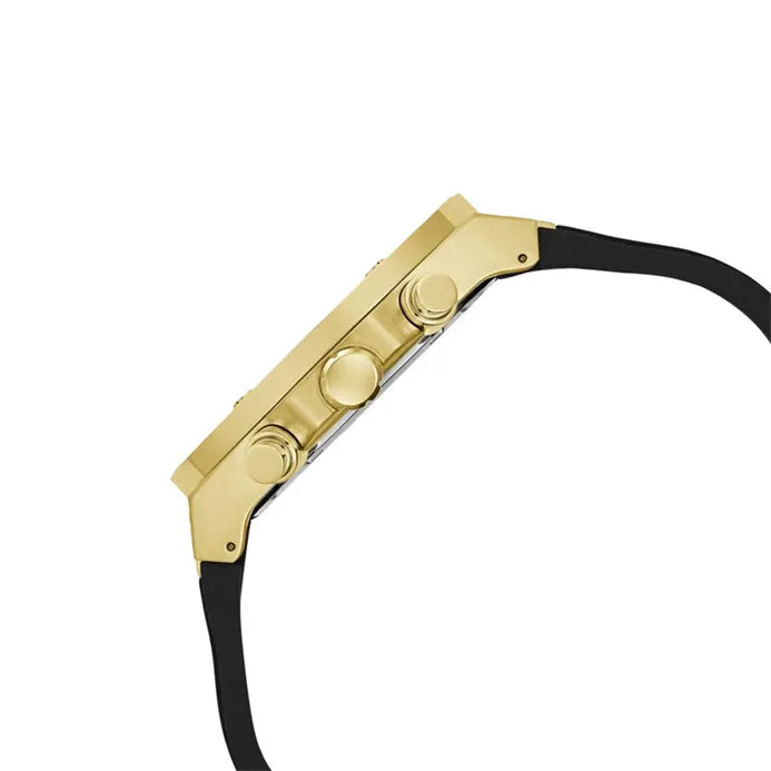 Guess chronograph watch case side profile showing gold pushers and black strap