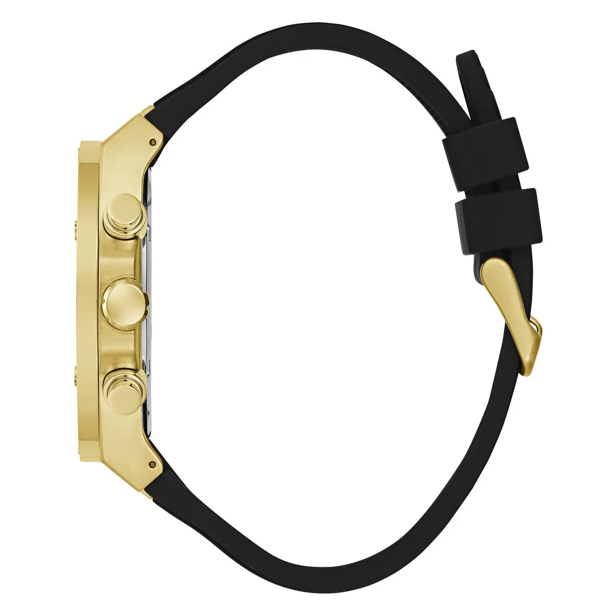 Side view of Guess chronograph watch with gold case and black rubber strap