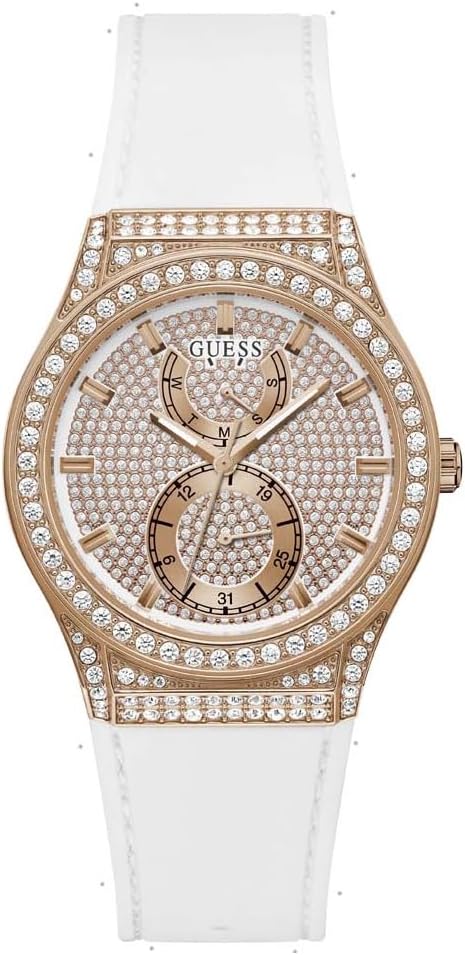 Guess Sport multifunction women's watch with rose gold crystal-set case and white strap