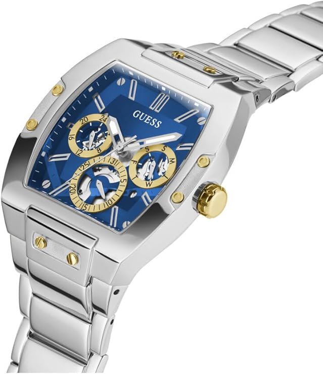 Guess GW0456G5 watch angle view showing three sub-dials and metal bracelet