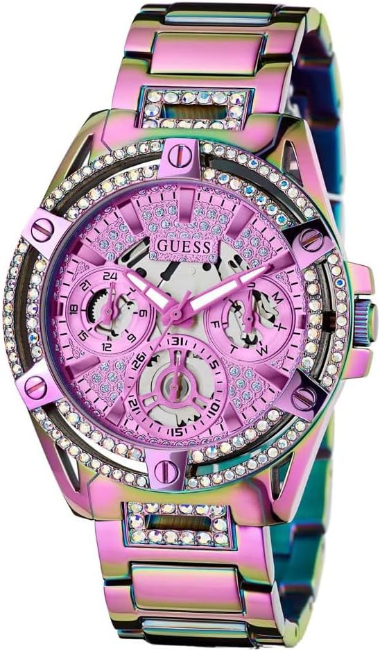 GUESS GW0464L4 40mm multi-function watch at angle showing pink dial and crystal-set bezel detail