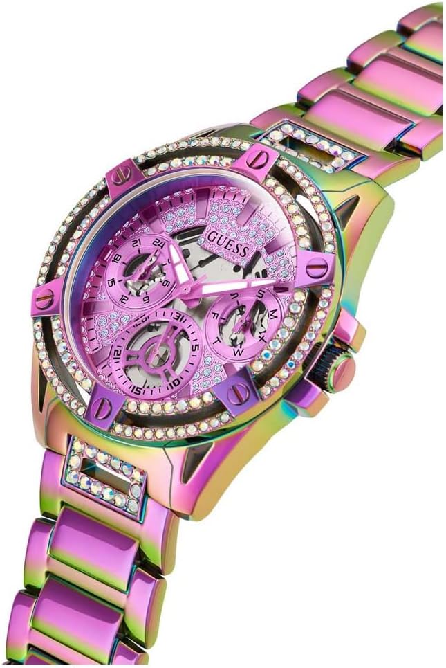 GUESS GW0464L4 dial detail showing pink chronograph face with multi-function subdials and rainbow bracelet