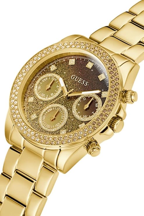 Guess GW0483L2 gold chronograph watch angled view with crystal bezel detail