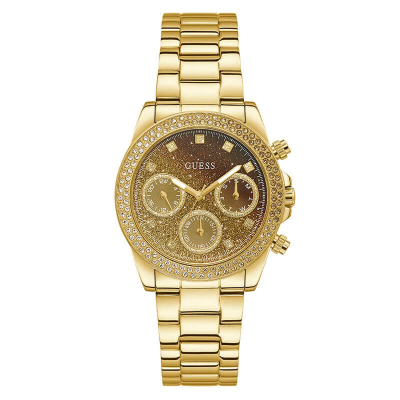 Guess GW0483L2 gold women's chronograph watch with crystal bezel and glitter dial