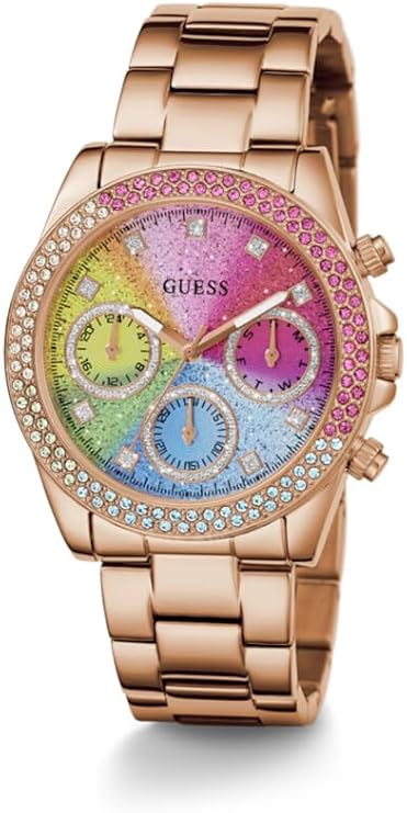 GUESS rose gold chronograph watch with rainbow gradient dial and crystal bezel