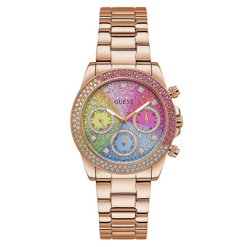 GUESS rose gold tone ladies watch with colorful crystal dial and matching bracelet