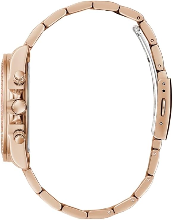 Side view of GUESS rose gold watch showing case profile and bracelet links