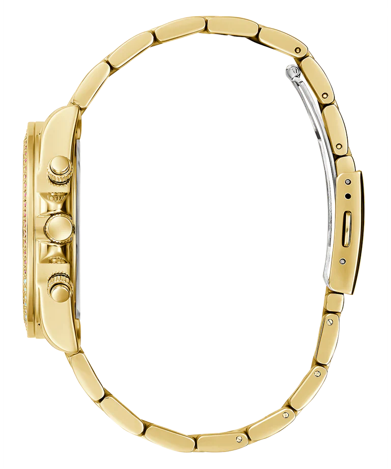 Side profile of Guess gold chronograph watch bracelet and case