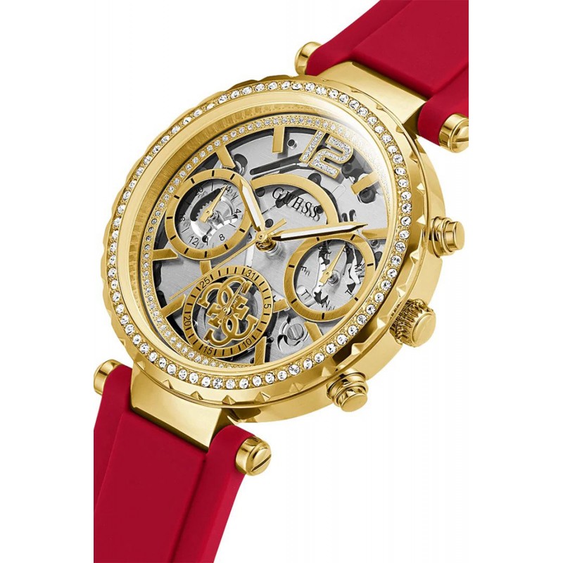 Gold tone case with crystal-set bezel and multi-function chronograph dial on red strap