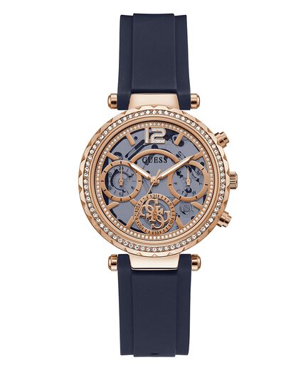 Guess rose gold women's watch with navy rubber strap and diamond-set bezel, front view