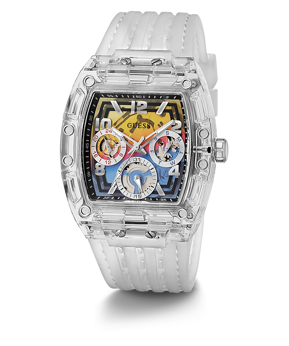 Guess GW0499G3 clear case men's watch with white silicone strap and multicolor dial