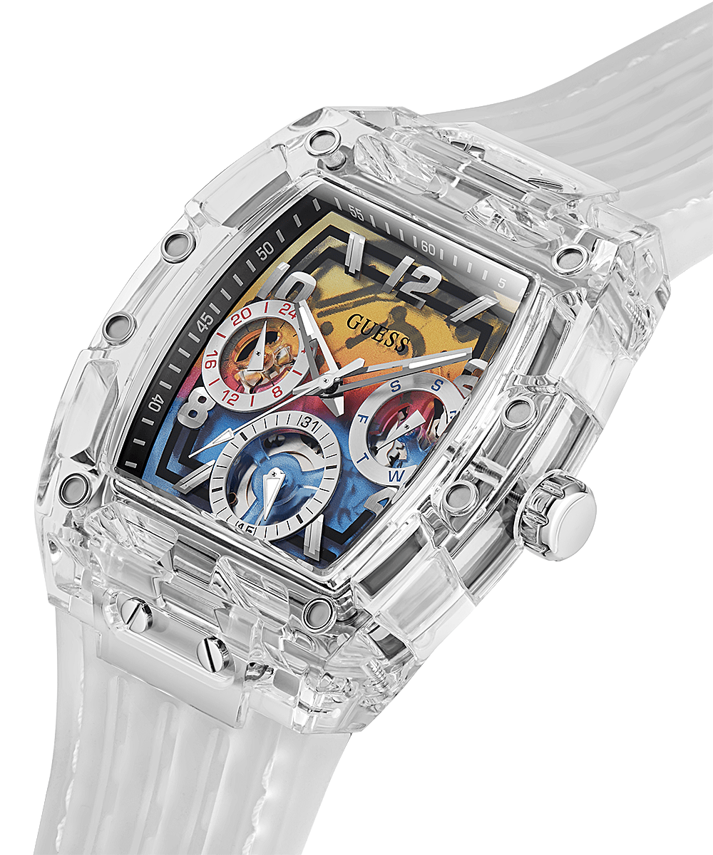 Guess GW0499G3 watch angled view showing transparent case and white silicone strap