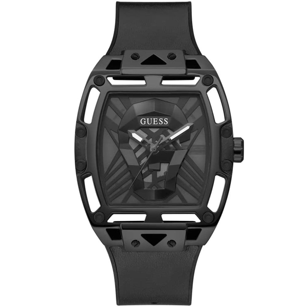 Guess GW0500G2 black tonneau watch with rubber strap and geometric dial